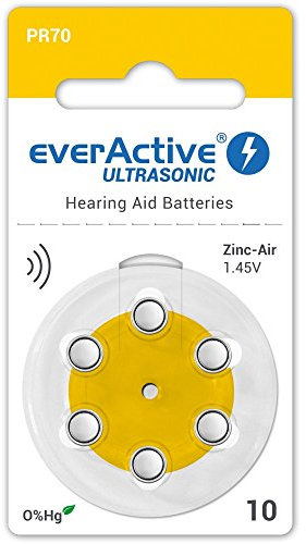 everActive 10, 6 Stück, Hörgerätebatterien, hohe Leistung, Zink-Luft-Batterien, 1 Blisterkarte, 4-jährige Haltbarkeit, gelb, Ultrasonic PR70, EVHAB10