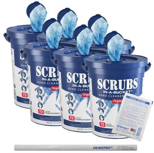 6 Eimer SCRUBS in a Bucket - 72 St. pro Eimer getränkte Handreinigungstücher, inkl. 6 St. DEWEPRO® Bleistifte und 6 St. DEWEPRO® SingleScrubs