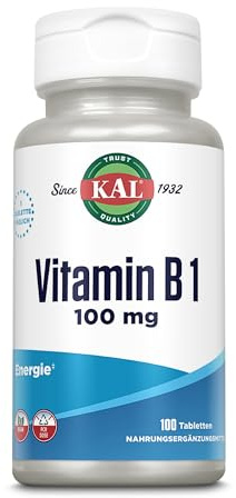 KAL Vitamin B1 | 100 mg | 100 Tabletten | Vitamin B | vegan | glutenfrei | ohne Gentechnik | laborgeprüft | Nahrungsergänzungsmittel mit Thiamin | normale psychische Funktion & Herzfunktion