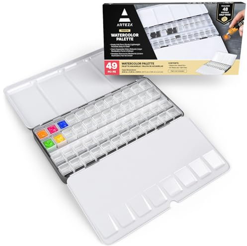 Arteza Leerer Aquarellkasten, Blechkasten mit 48 Halb-Näpfchen aus Plastik, zur Aufbewahrung von Acryl-, Öl- und Aquarellfarben, für Reisende Künstler und Studenten