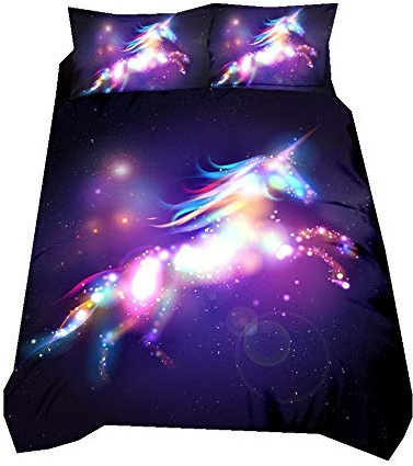 Romantisch Lila Kunst Einhorn Galaxis Star Bettwäsche Set zum Herbst Winter, Modern Böhmen Grün Orange Gelb Bettbezug mit Reißverschluss (Einhorn, 135x200cm)