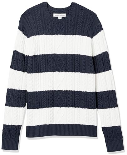 Amazon Essentials Men's Long-Sleeve 100% Cotton Fisherman Cable Crewneck Jumper, Navy White Rugby Stripe, L