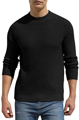 Hisir Mens Jumpers Tops Winter Wool Knit Crew Neck Raglan Jumper Long Sleeve Soft Warm Knitwear Pullover Sweaters for Men (Black, L)