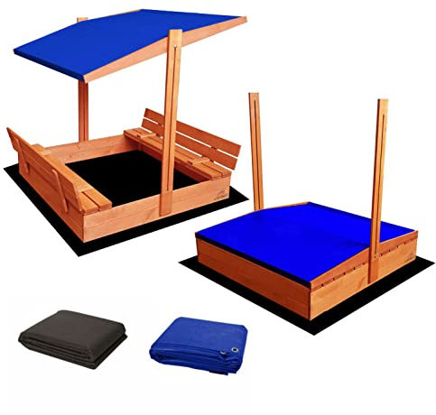 Ladanas® bac à Sable Enfant en Bois fermé de 120 x 120 cm avec bancs-bac a Sable avec Couvercle- Bois de pin imprégné -bac à Sable avec Toit surbaissé -1 bâche de Protection 1 bâche Isolante- Bleu