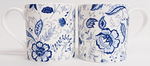 Blue Persia Set of 2 Mugs Blue & White Floral Large Balmoral 13oz Bone China Cups Hand Decorated in UK