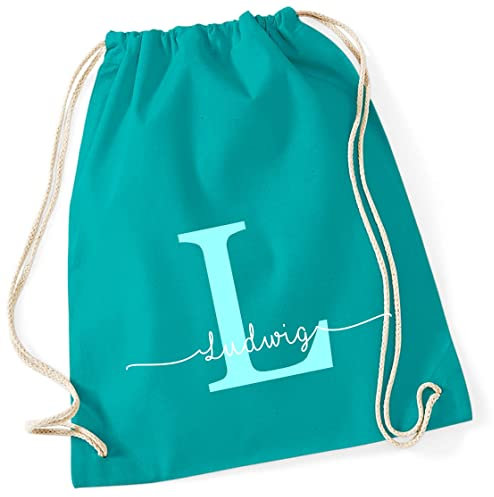 Personalisierter Turnbeutel mit Buchstabe und Name | Motiv Monogramm Initiale | Bedruckter Stoffbeutel Kordel-Rucksack zum Zuziehen | Geschenk-Idee Schulanfänger Geburtstag (türkis)
