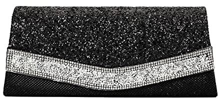 MEGAUK Damen Clutch Glitzer Elegant Abendtasche Glänzend Handtasche Envelope Tasche Strass Unterarmtasche mit Kette für Hochzeit Wedding Prom Party, Schwarz