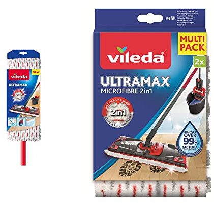 Vileda Bodenwischer, Microfaser, rot/weiß, 7 x 14 x 105 cm & Ultramax Power Wischer Nachfüllpack für Flachbesen, Mikrofaser, weiß/rot, 2 Stück (1er Pack)
