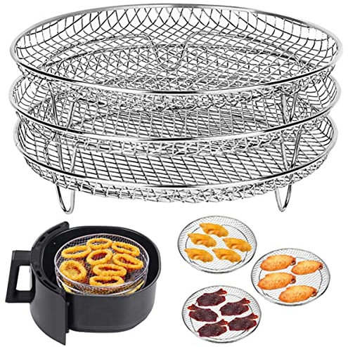 Caffney Air Fryer Three Stackable Dehydrator Racks 304 Stainless Steel Air Fryer Basket Tray Air Fryer Accessories Dishwasher Safe Fit for Oven and Press Cooker Compatible with Most Air Fryer