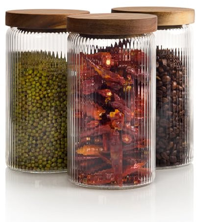 Mason & Fable 800ml Set aus 3 Geriffelter Glasbehälter, stapelbarer und luftdichter Holzdeckel, Vorratsglas für Kaffee, Tee, Zucker, Nüsse, hochwertige Optik für die Küche