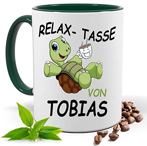 Relax Tasse mit Namen | Lustige bedruckte Tasse mit Schildkröte & Spruch | Personalisiert | Geschenk Idee| Kaffee Tee Tasse | Fototasse, Motivtasse | Kaffeetasse, Teetasse |Keramik (Grün)