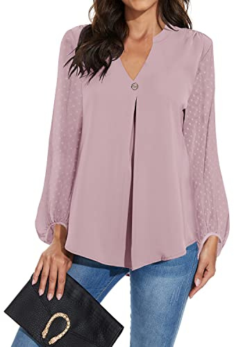 Magritta Womens Shirts Ladies Blouse V Neck Plus Size Tunic Tops Plain Chiffon Long Sleeve Pleated Blouse for Women Birty Powder XX-Large / 22-24