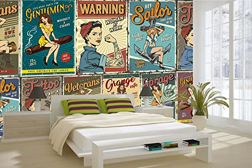 Vlies Fototapete RETRO BUNTE PLAKATE 375 x 250 cm (inkl. Kleister) - Vlies Tapete, Wandtapete, Wandbilder - Tapete für Wohnzimmer Schlafzimmer, Büro, Küche - Montagefertig