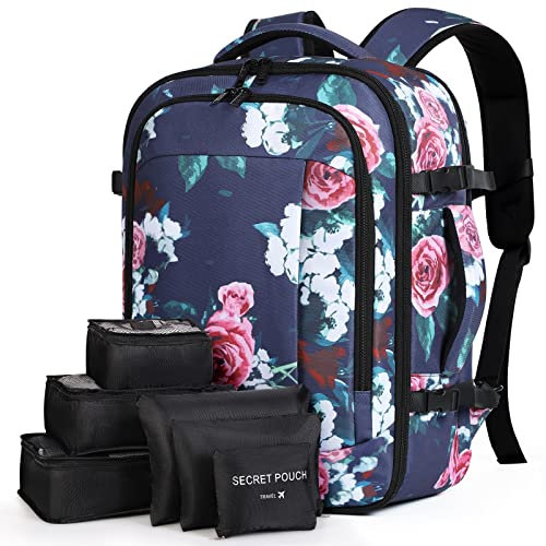 Lekespring Große Rucksack Handgepäck für Damen Herren, 17 Zoll Laptop Rucksack Reiserucksack mit 6 Teilige Kleidertaschen-Packing Cubes für Urlaub Business Arbeit, Blaue Blumen