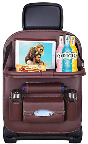 ASENDIWAY Organiseur de siège arrière de voiture avec plateau de table pliable, support de tablette en cuir synthétique pour enfants et tout-petits, protection de voyage, tapis de protection pour les