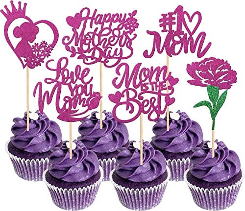 36 Stück Happy Mother's Day Tortendeko, Glitzer Herz I Love You Mom Cupcake Picks Kuchen Deko Best Mom Blume Cake Topper für Muttertag Theme Women Birthday Party Supplies Roserot