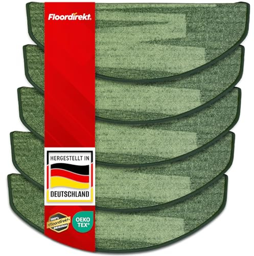 Floordirekt Stufenmatten Via Veneto mit Pinselstrich Design 1 Stück Treppen-Teppich | 65 x 23,5cm, halbrund, sauber eingekettelt, Starke Befestigung, stabile Winkelschiene/Farbe Grün