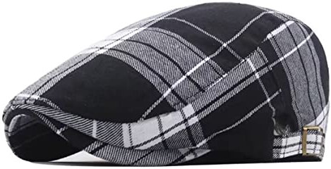 QI YUAN Karierte Barett Cap Herren Damen Baumwolle Flatcap Schiebermütze Frühling/Sommer Newsboy Schirmmütze Irish mütze (Schwarz)