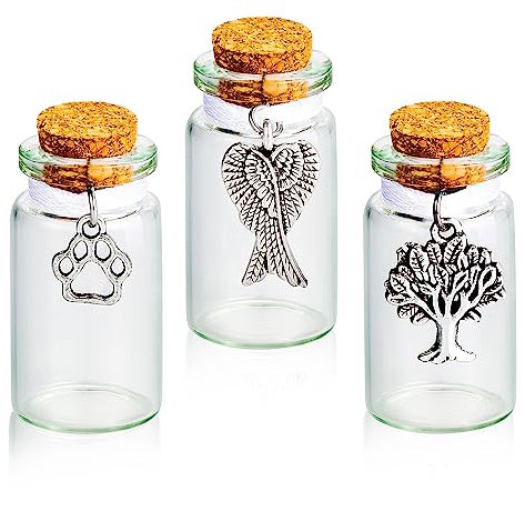Gredstar Gedenkflasche Glasfläschchen für Asche, Zähne, Tierhaare Miniflasche mit Korken für Hunde, Katzen Asche Andenken, Gedenk, Trauergeschenk, Tierverlust (3er-Glasflasche)
