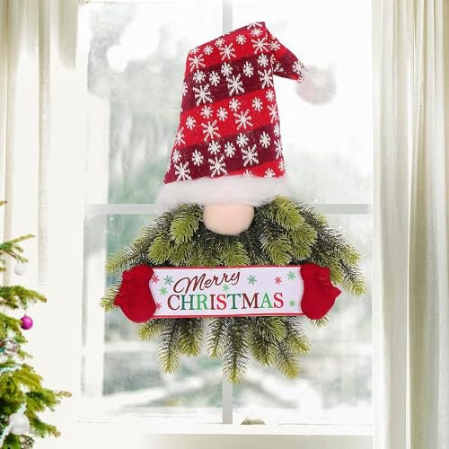 LATERN Ghirlanda di Gnomi di Natale, 70CM Ghirlanda da Appendere di Pino e Abete Rosso Artificiale con Svedese Tomte per Natale Porta D'ingresso Parete Finestra Camino Decorazione