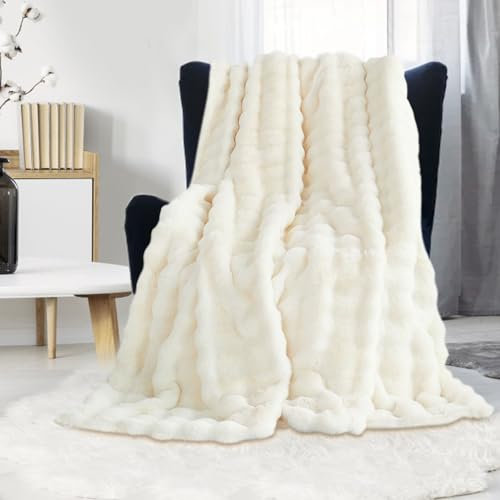 Couverture en peluche pour le canapé - Couverture en fausse fourrure de lapin super douce, couvertures mignonnes pour les femmes, couvertures légères et chaudes pour le lit, le canapé, le sofa (Blanc)