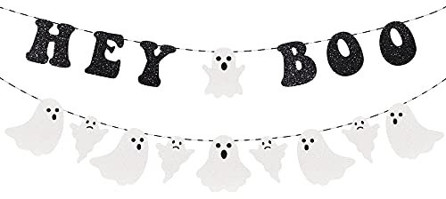 2 Stück Glitzer Halloween Girlande, Hey Boo Flagge, Geist Banner für Halloween Party Garten Outdoor Dekoration (Schwarz)