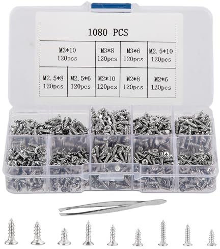 Heozhuyi 1080 Pièces Petites Vis Autotaraudeuses, Vis à Bois M2/M2.5/M3, Vis Cruciformes à Tête Plate 6mm/8mm/10mm, Ensemble de Vis Autoperceuses pour équipement de Bureau, Meubles en Bois (argent)