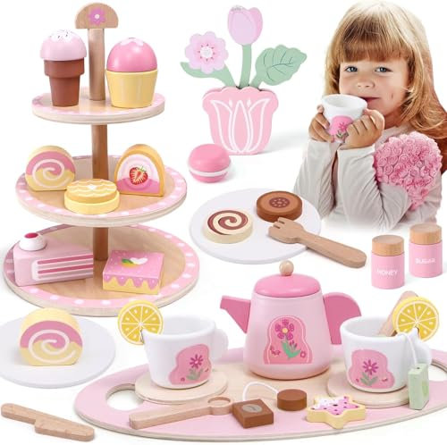 Atoylink Juego de Té Infantil de Madera Servicio de Té Accesorios Cocina de Madera Juguetes con Postre Bandeja Tetera Comida Juguetes de Madera Regalo para Niños Niñas 3 4 5 6 7 años (Rosa)