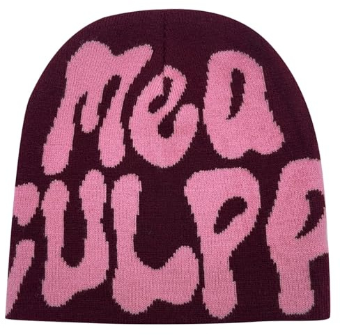 boseucn Y2k Beanie Mütze Herren Damen Teenager Y2k Cap Winter Knit Skater Beanie Mütze Hip Hop Strickmützen Baumwolle MEA Culpa Printed Y2k Beanie Cap Hat Pink Harajuku Fashion Wintermütze