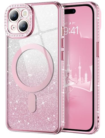 YINLAI Magnétique Coque pour iPhone 15 Plus, Compatible avec MagSafe, Coque Paillette avec Diamant Etui Protection Caméra Antichoc Anti-Rayures Cover Case pour iPhone 15 Plus 6.7, Rose Dégradé