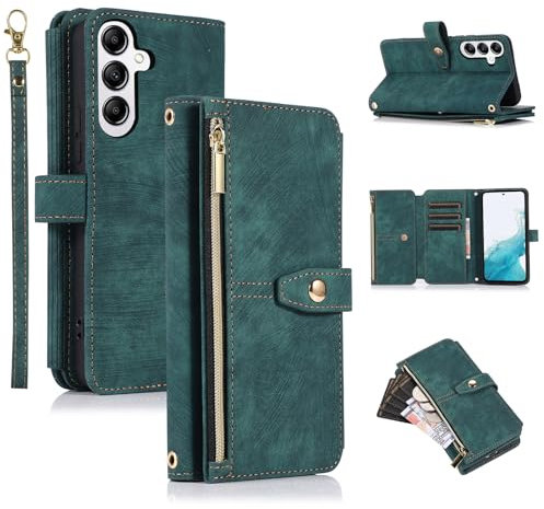 UEEBAI Hülle für Samsung Galaxy A55 5G, 9 Kartenfäche Retro Leder Geldbörs Flip Case mit Umhängegurt Handschlaufe Standfunktion Reißverschluss Handyhülle Magnetverschluss Stoßfest – Retro Grün