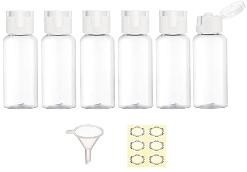 Apstaqeoo 6PCS 50ML Plastic Travel Bottles with White Flip Cap Empty Squeeze Bottles Refillable Travel Container with Funnel Label TSA Approved for Liquid Lotion Toiletries Cosmetic(Transparent)