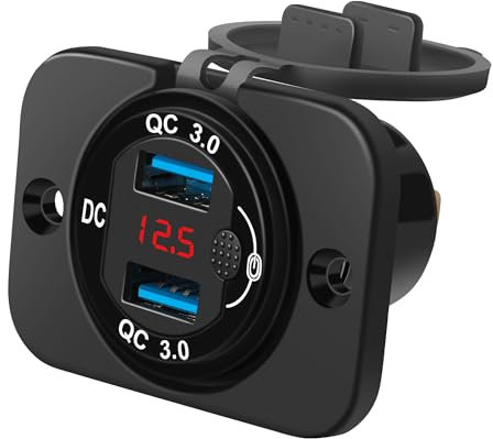 SYCEES QC3.0 Auto Zigarettenanzünder Ladegerät mit Deckel, Schalter, LED Digital Voltmeter, DC 12V-24V Dual USB Steckdose Adapter, Auto Ladegerät, USB Power Adapte für Auto, Wohnmobil, LKW, SUV usw.