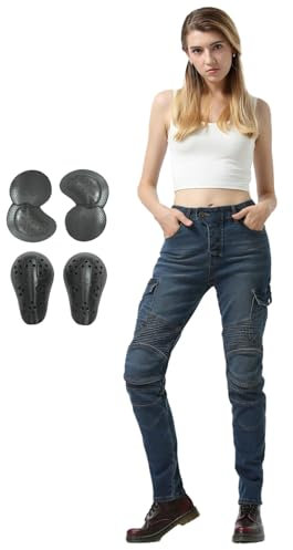 HULG Pantalon Moto Mujer,Pantalones Vaqueros De Moto De Corte Ajustado Para Mujer, Con Protectores De Rodilla Y Cadera, Elásticos, Ajustados, Pantalones De Motorista (Blue,M)