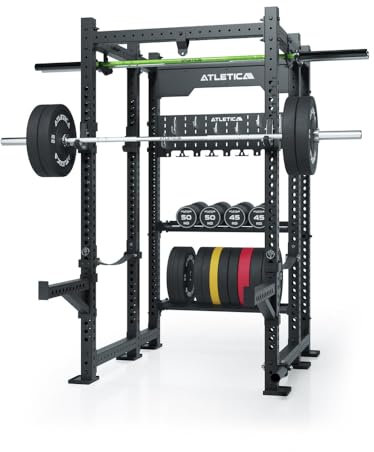 ATLETICA R8 UTILE | Power Rack | 6-Pfosten Power Rack mit praktischem Storage System | Lagerregal für Kurzhanteln und Bumper Plates | Aufhängung für Boxsack | J-Hooks, Safety Straps & Spotter Arms