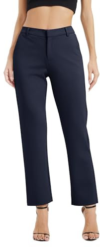 EXCHIC Donne Business Gamba Dritta Elastico Vita Lavoro Pantaloni Casual Comodo Bootcut Pantaloni con Tasche(XL, Blu Navy)