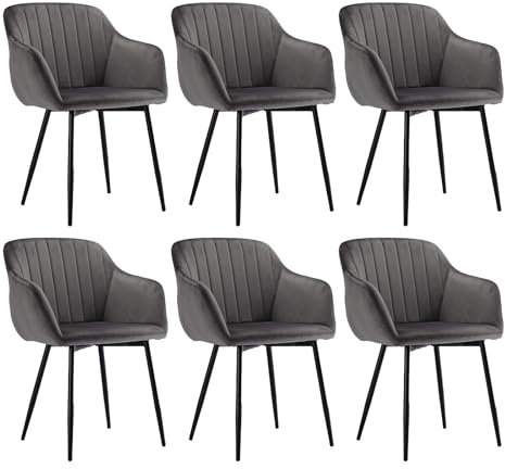 Goeurvant Chaise de Cuisine Lot de 6 en Velours, Chaises avec Accoudoirs Salle à Manger avec Siège Rembourré et Pieds en Métal pour Salon, Gris Foncé