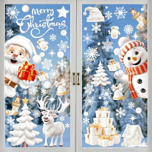 Weihnachten Fenstersticker,Cshare 3D Weihnachtsbäume Elch Schneemann Weihnachtsmann Schneeflocken PVC Fenster Abziehbild,Doppelseitige Stereo Static Aufkleber für Glas Fenster Shop Schule Dekoration
