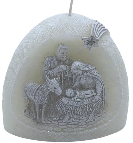 Dekohelden24 Hochwertige Kerze als Krippe mit Glitter und Diode, Farbwechselkerze, katholische Kerze mit LED in weiß, Größe L/B/H: ca. 11 x 5 x 11 cm.