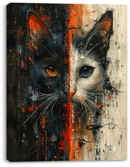 Piy Painting Leinwand Wandkunst von Tier Katze, Abstrakter Stil der Wandmalerei, Schwarz Weiß Rot Wandposter, Leinwand WandKunst für Schlafzimmer Wohnzimmer Studentenwohnheim Küche, 30X40 CM
