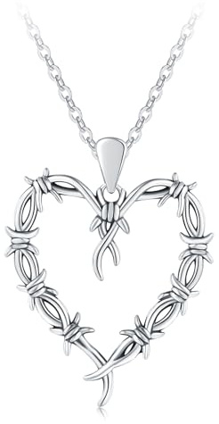Tufeney - 925 Sterling Silver Gothic Heart Shape Necklace Barbed Wire Classic Pink Heart Necklace for Women Men Punk Halloween Jewelry Gift Extra Large Silver Extra