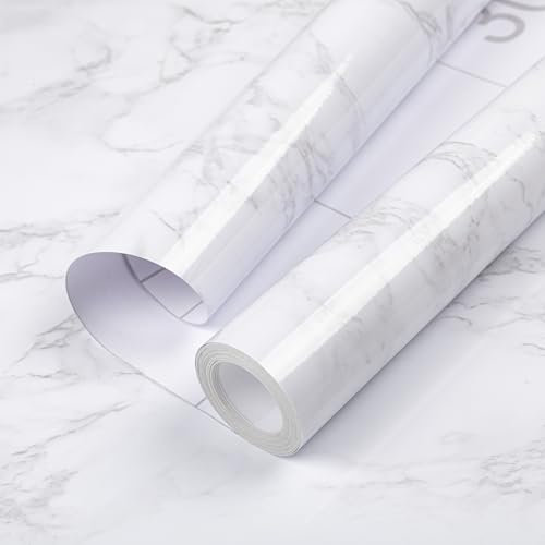Hode Plastica Pellicola Adesiva per Mobili Effetto Marmo Bianco, Rivestimento Carta da Parati Effetto Marmo Adesivo Bianca Lucido, Piano Top Cucina Muro 40x600cm