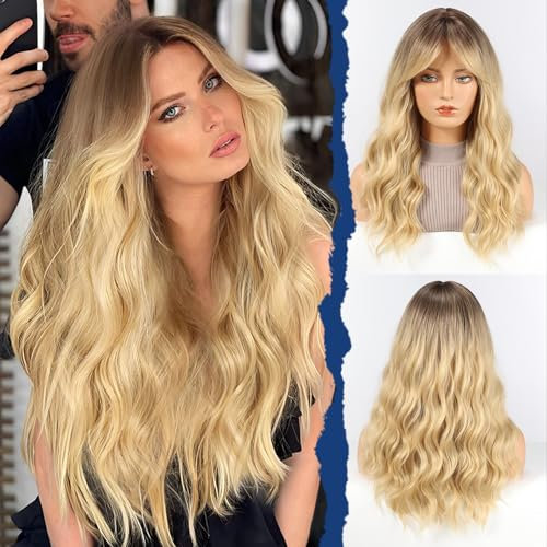 HAIRCUBE Damen Perücke,Ombre Blonde Perücke Lange Lockige Mit Pony Für Frauen,Natürliche Synthetische Haare,22 Zoll, Geeignet Für Halloween/Partys/Alltägliches Tragen.(Ombre Blonde)
