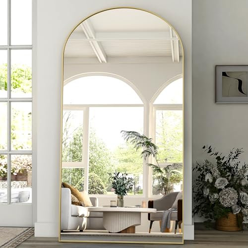 BEAUTYPEAK Großer Bogen Ganzkörperspiegel 218x102 cm, Gewölbter Standspiegel hängend oder lehnend an die Wand, groß Bodenspiegel mit Ständer für Schlafzimmer, Wohnzimmer oder Ankleidezimmer, Gold