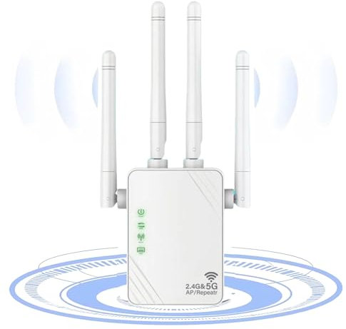 Ripetitore WiFi Potente, Amplificatore WIFI dual band 1200Mbps 5GHz/2.4GHz, 4 antenne, Amplificatore di segnale wireless con porta Ethernet, Estensore Wi-Fi Compatibile con tutte le scatole Internet