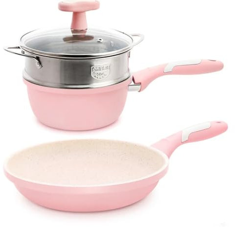 Juego de sartenes antiadherentes para sopa de piedra para cocina, cacerola para leche con tapa con asa, juego de utensilios de cocina, juego de 2, uno de color rosa