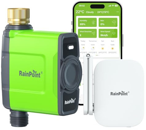 RAINPOINT Programador Riego WiFi con Entrada de Latón, Puerta Enlace de Antena RF 150m, Riego Automatico WiFi con App/Voz Control Smart Temporizador Riego para Jardín, Basado Clima, 6 Horarios