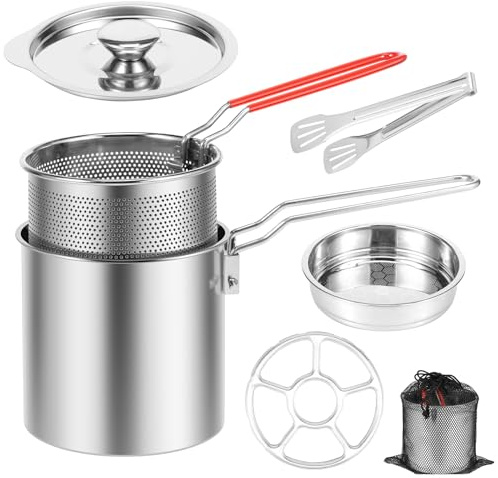Friteuse profonde avec panier, couvercle et filtre, en acier inoxydable avec poignée, mini poêle à friteuse pour frites, poissons, crevettes, ailes de poulet (style E)
