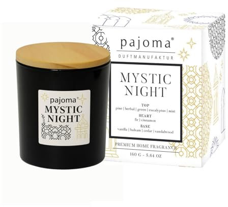 Duftkerze im Glas Mystic Night, 140 g mit Bambusdeckel 27 Std Brenndauer, Intensiver Duft Kerze in Geschenkverpackung | Frischer Mix aus Eukalyptus, Minze & Sandelholz - Luxus-Deko für Zuhause