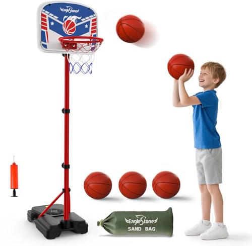EagleStone Kids Basketball Hoop with Stand, Adjustable Height Basketball Set Toddler Toys for Boys and Girls Age 3-12, Indoor Outdoor Backyard Sport Game Gift with Sandbag for Stability